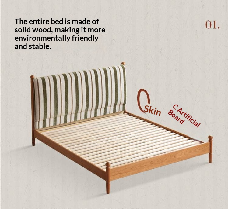 Cherry Solid Wood Fabric Upholstered Bed