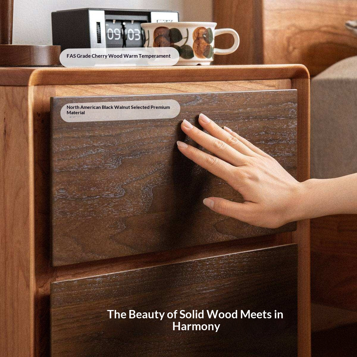 Cherry Solid Wood, Solid Rubberwood Nightstand