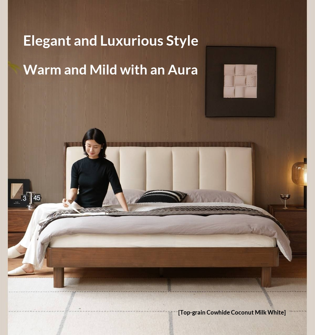 Black Walnut, Golden Sandalwood Solid Wood Genuine Leather Extra Tall Vertical Channel Tufted Platform Bed