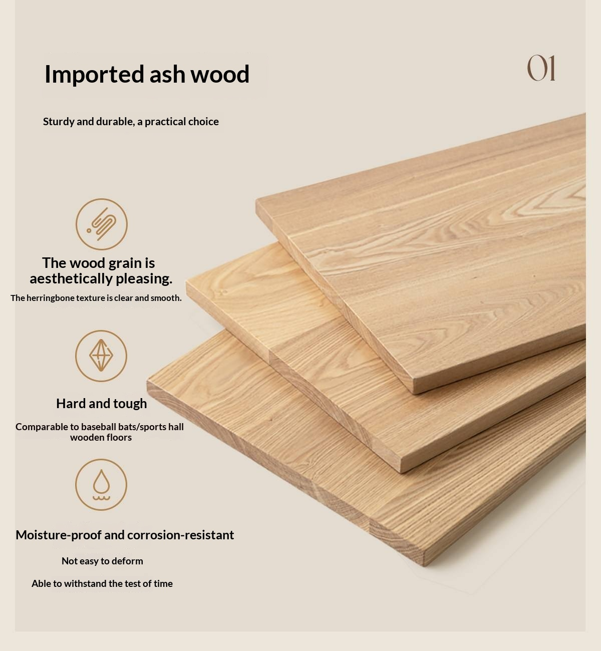 Ash Solid Wood Bed with Genuine Leather Upholstered Headboard