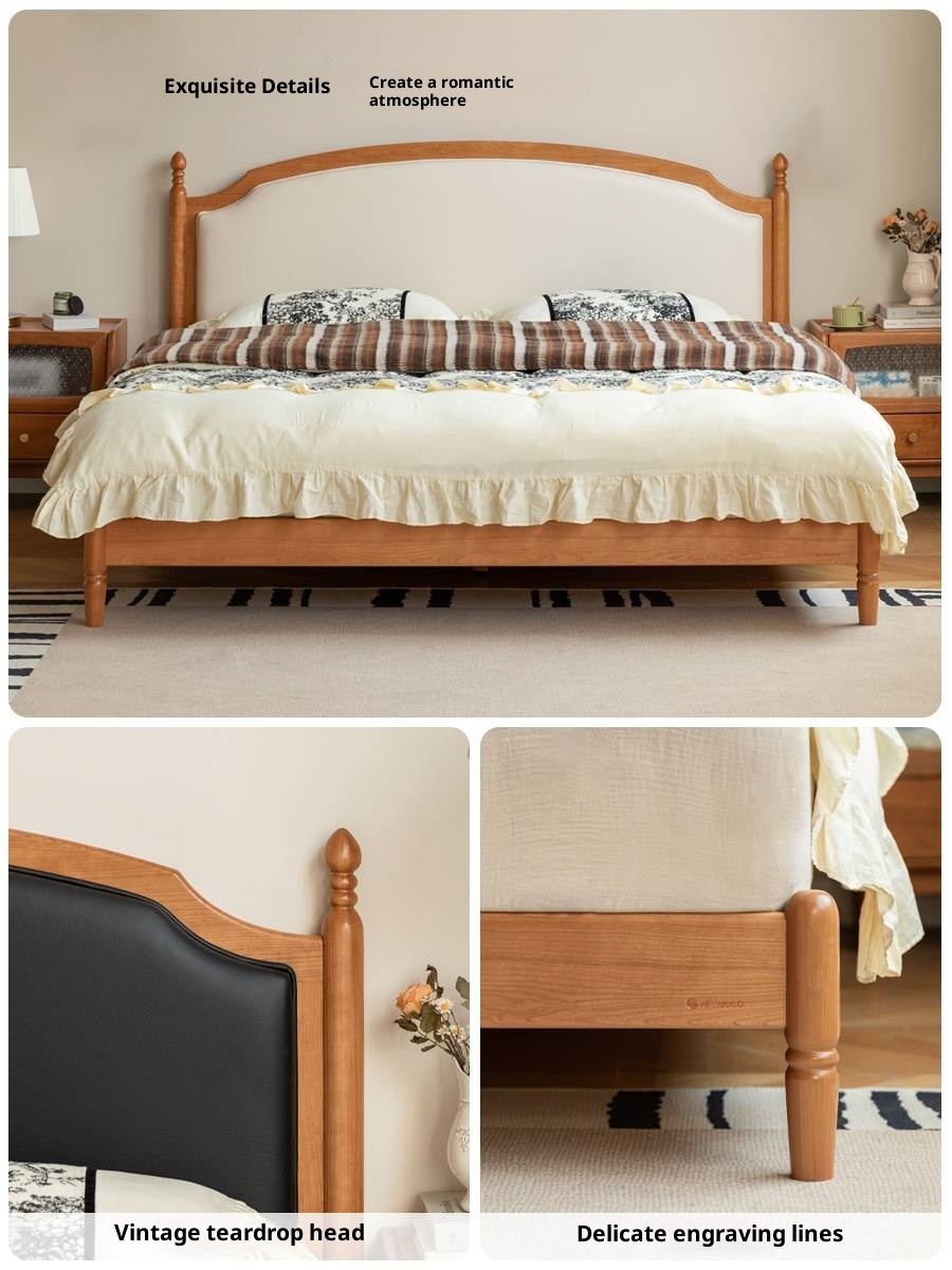 Cherry Solid Wood Soft Backrest Bed, French Retro Style