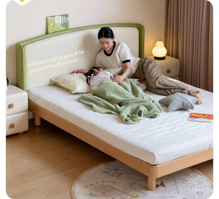 Beech Solid Wood Kids Upholstered Low Platform Bed with Curved Headboard
