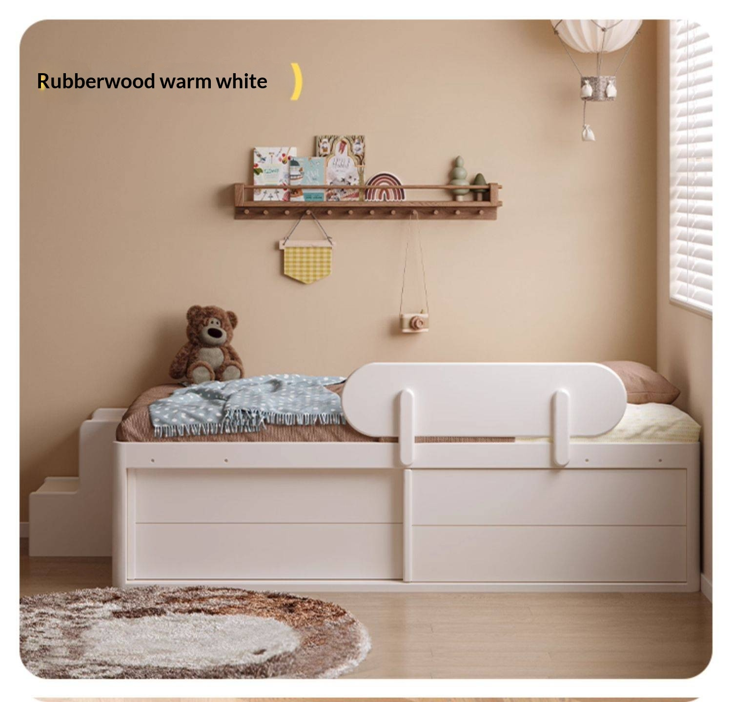 Beech, Rubberwood Solid Wood Kids’ Bed with Guardrail, Platform Bed, Headboard-Free Bed