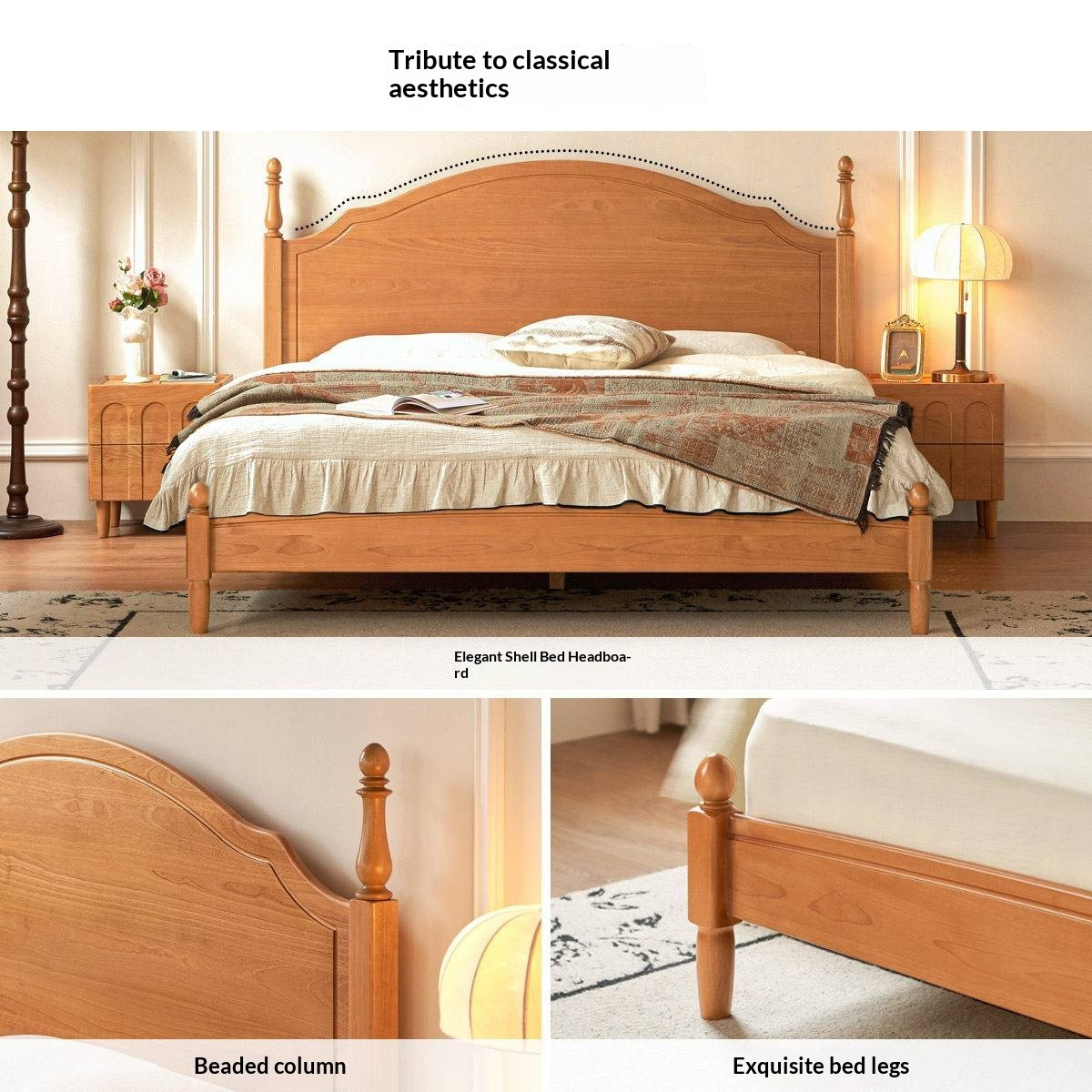 Birch Solid Wood Bed — French Retro Style, Large Slab Design, Mid-Range Style