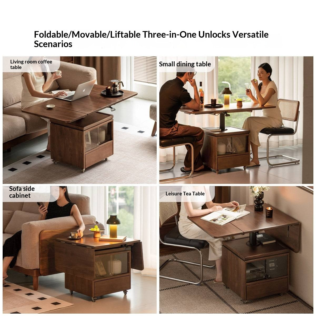 Black Walnut, Oak Solid Wood Adjustable Coffee Table – Folding Lift-Top Table with Wheels