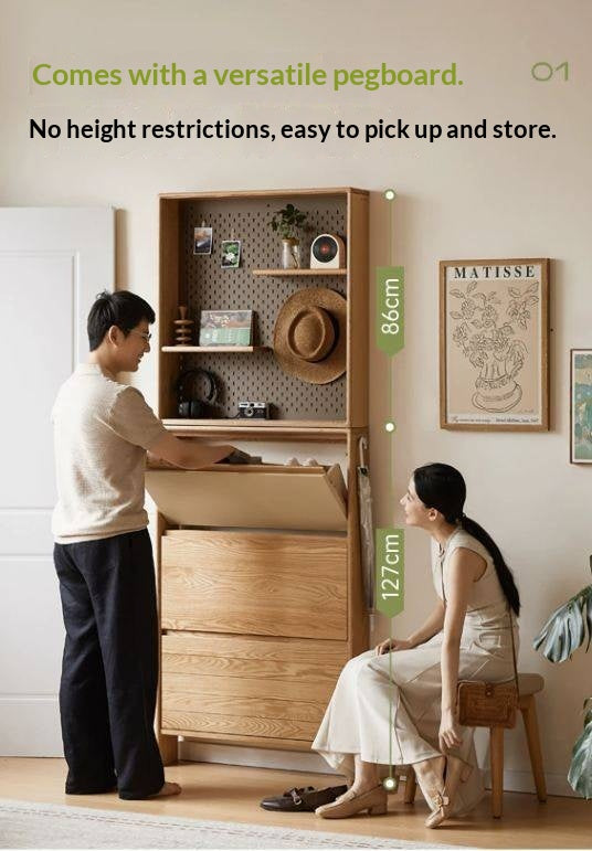 Oak Solid Wood Ultra-Thin Shoe Cabinet with Flip Door and Modern Entrance Design