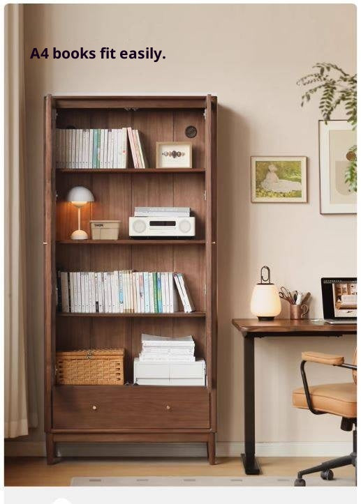 Black Walnut Solid Wood Bookcase With Glass Door