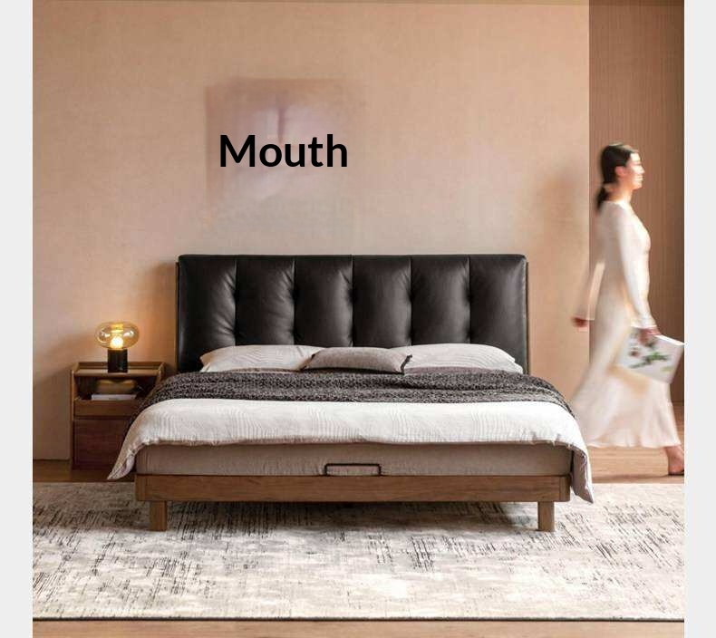 Black Walnut Solid Wood Leather Upholstered Platform Bed with Vertical Channel Tufted Headboard