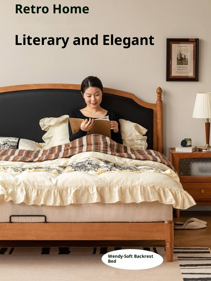 Cherry Solid Wood Soft Backrest Bed, French Retro Style