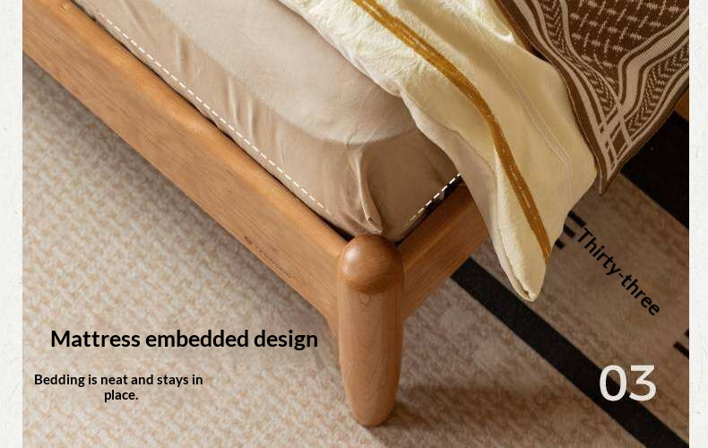 Cherry Solid Wood Double Bed with Vintage Style and Leather Upholstered Headboard