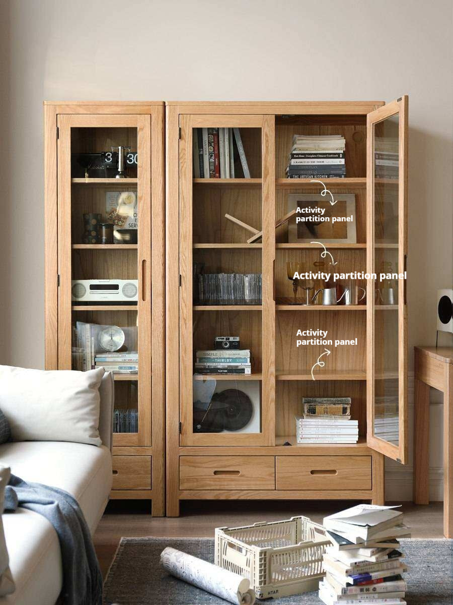 Oak, Solid Rubberwood Modern Bookcase with Glass Door Display Cabinet