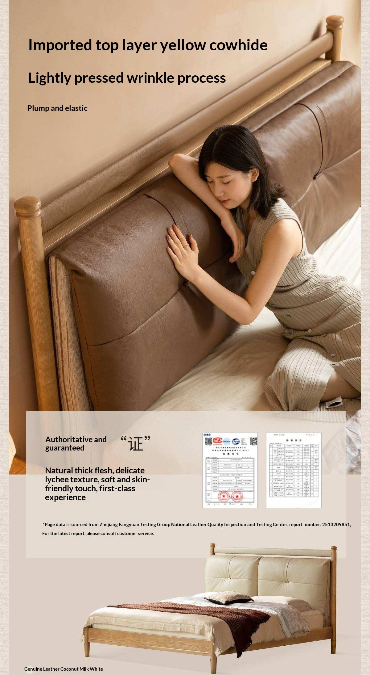Ash Solid Wood Bed with Plush Genuine Leather Cushioned Headboard