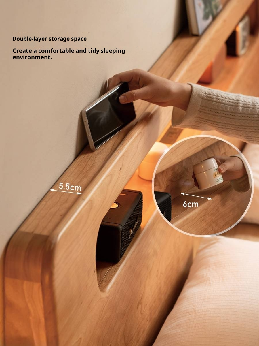 Cherry Solid Wood Retro with Socket Night Light Bed