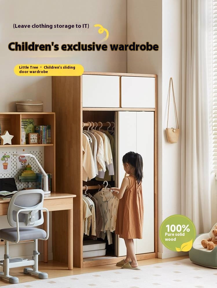 Solid Rubberwood Modern Children's Sliding Door Wardrobe