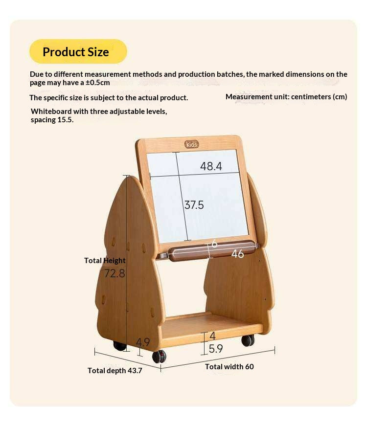 Beech, Poplar Solid Wood Movable Kids Bookshelf with Wheels, Multifunctional Storage