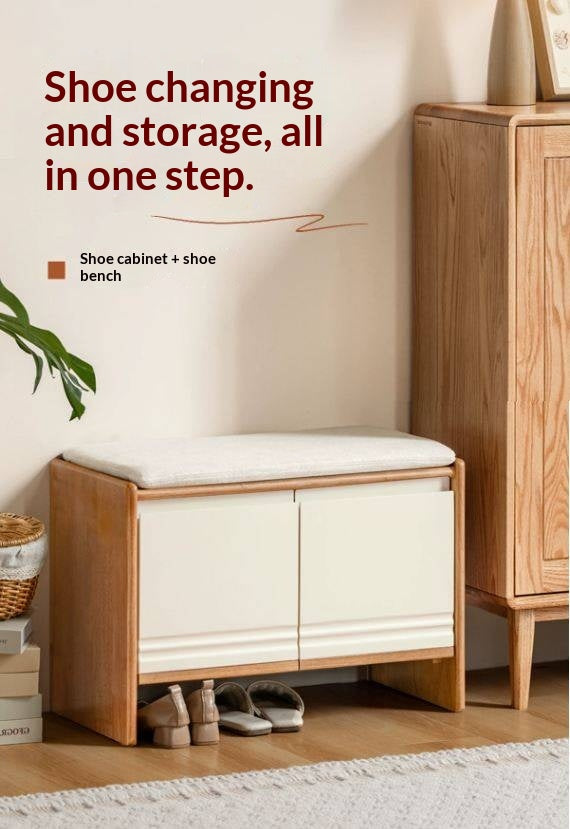 Solid RubberWood Shoe Storage Bench with Doors and Cushioned Top