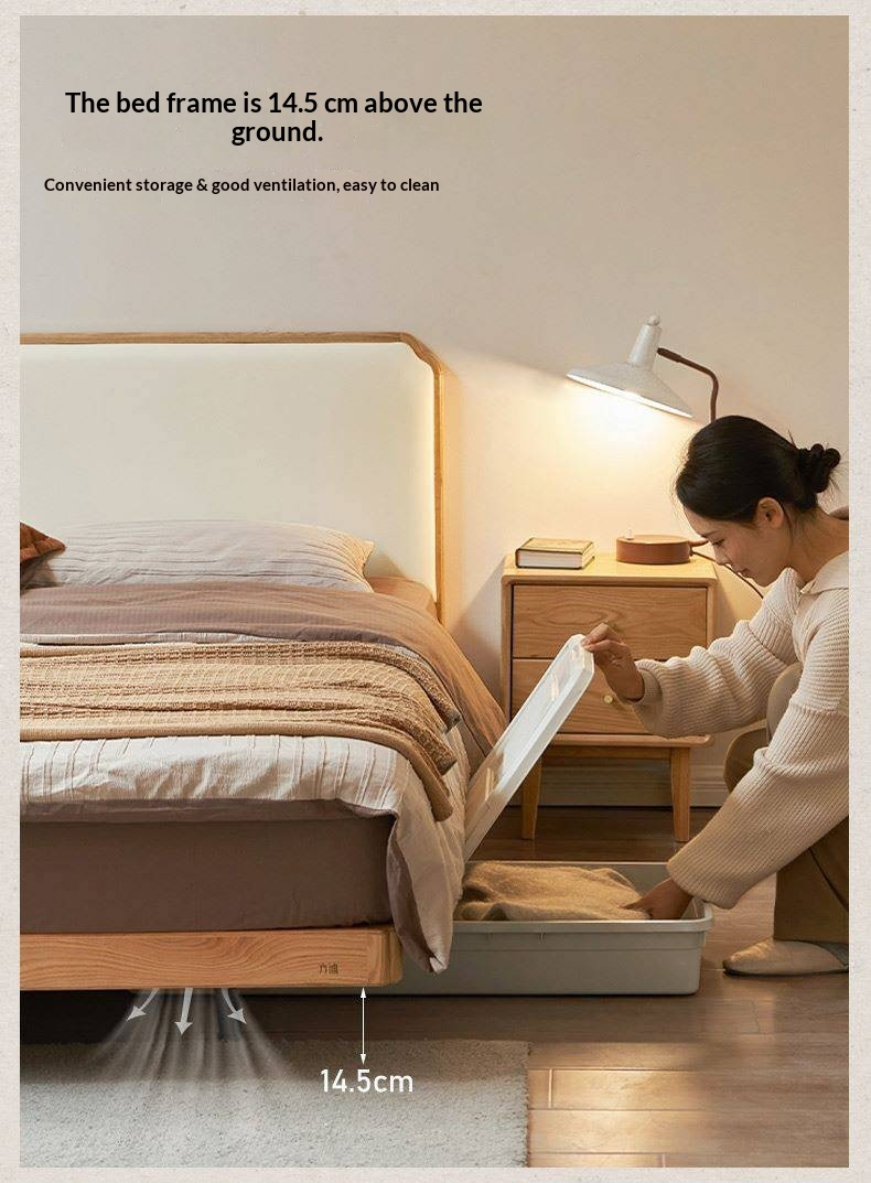 Oak Solid Wood Upholstered Bed — Modern Minimalist Design with Flush Edges