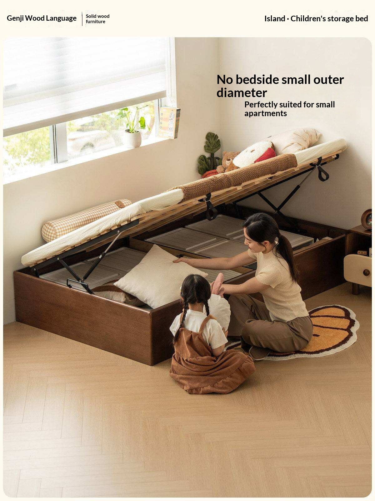 Rubberwood Solid Wood Storage Bed with No Headboard and Side-Opening Lid
