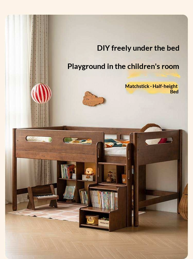 Rubberwood Solid Wood Mid-Height Kids Loft Bed with Staircase and Bookshelf Storage