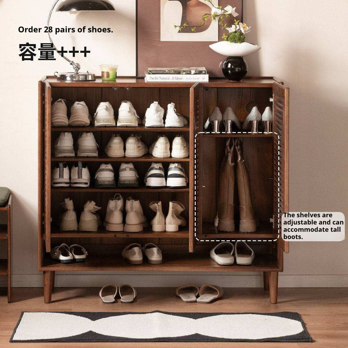 Oak Solid Wood, Rubberwood Solid Shoe Cabinet Entryway Storage Organizer Large Capacity