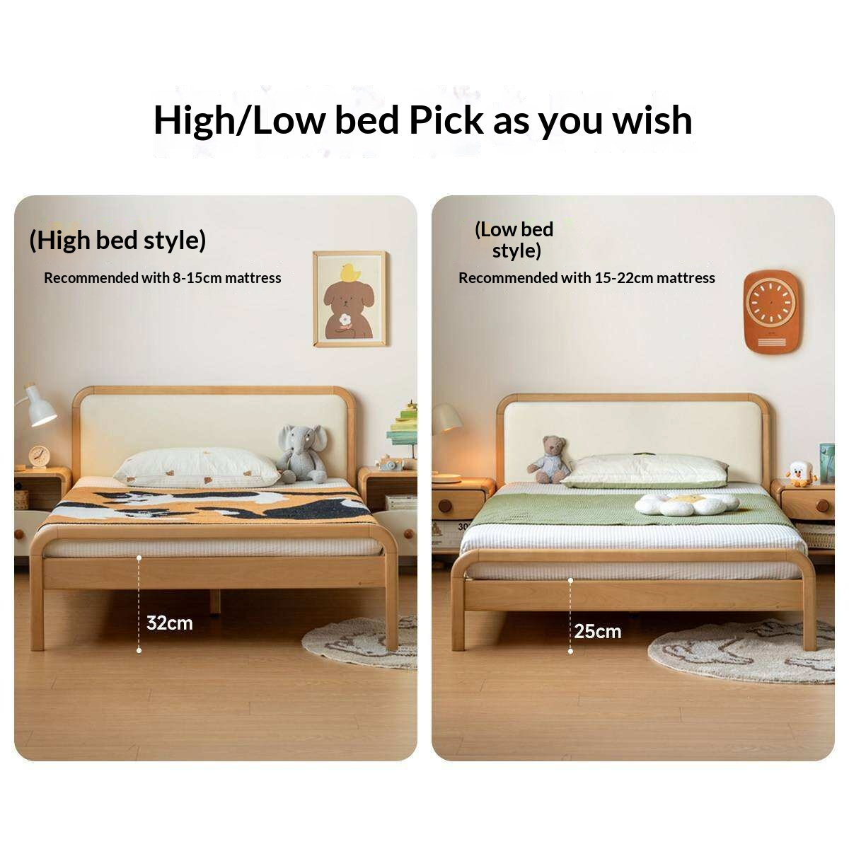 Beech Solid Wood Kids Bed with Adjustable Height and Rounded Corner Headboard