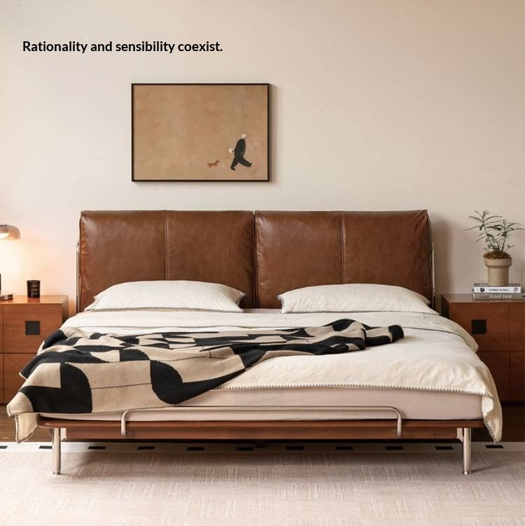 Genuine Leather Bauhaus Style Double Bed with Top Grain Cowhide Soft Backrest