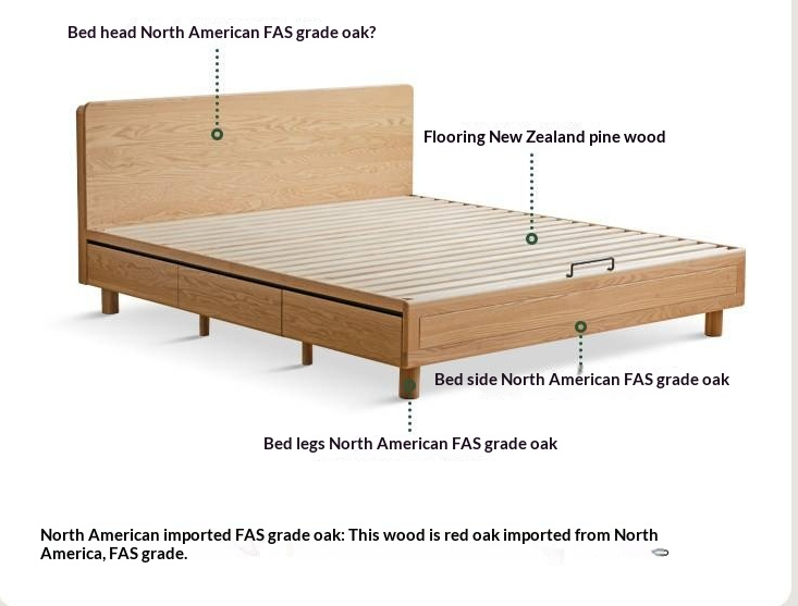 Oak Solid Wood Platform Storage Bed with Hidden Drawers and Bedside Shelf
