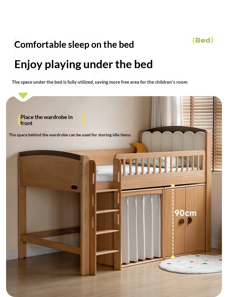 Beech Solid Wood Children's Soft Backrest Storage Loft Bed with Night Light