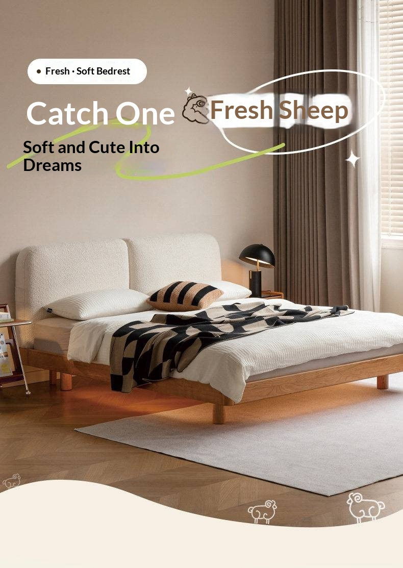 Cherry Solid Wood Upholstered Bed — Platform Bed, Headboard-Free Bed Floor Style, Simple Floating Bed