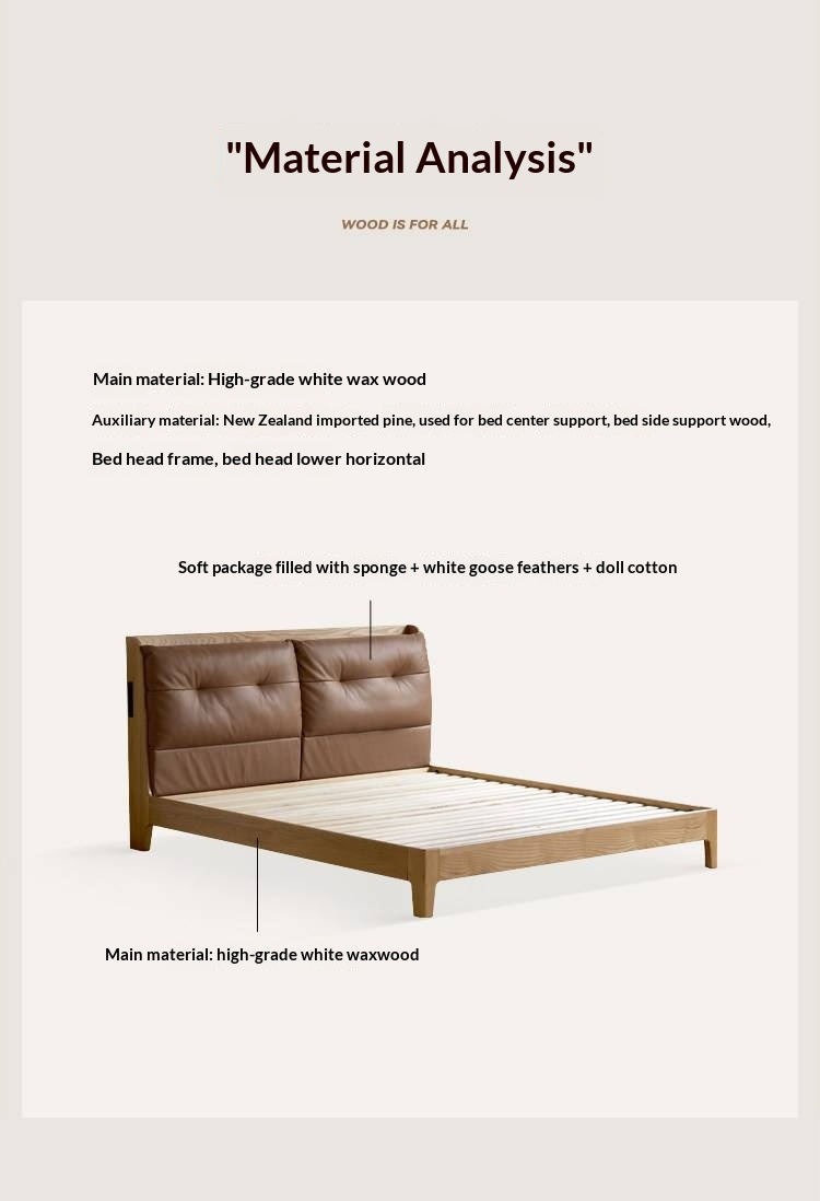 Ash Solid Wood Modern Leather Tufted Platform Bed with USB Charging Port