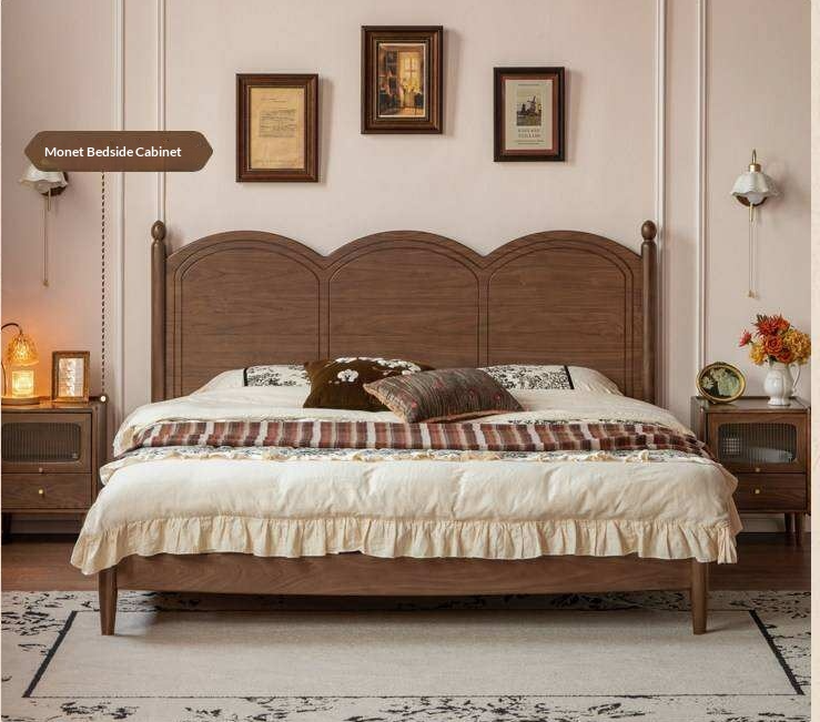 Black Walnut Solid Wood Bed with Arched French Country Headboard and Spindle Legs