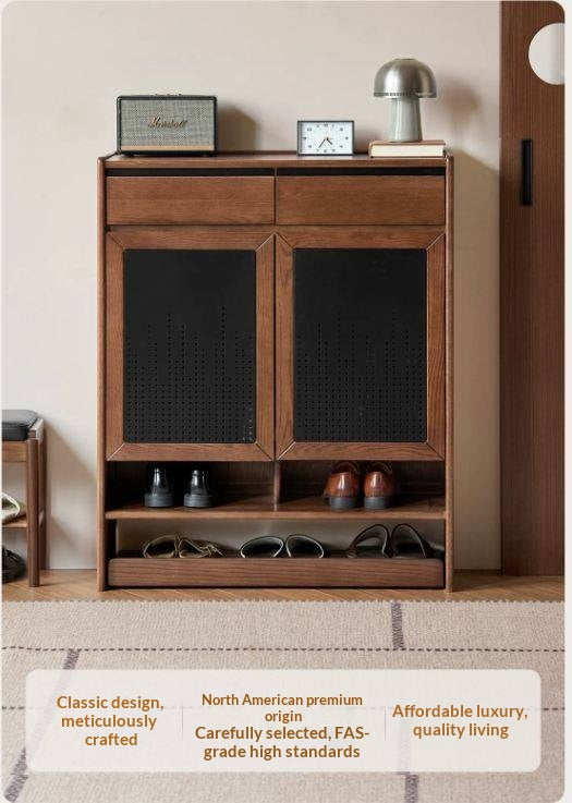 Oak Solid Wood Shoe Cabinet with Flip-Top Compartment and Perforated Metal Door