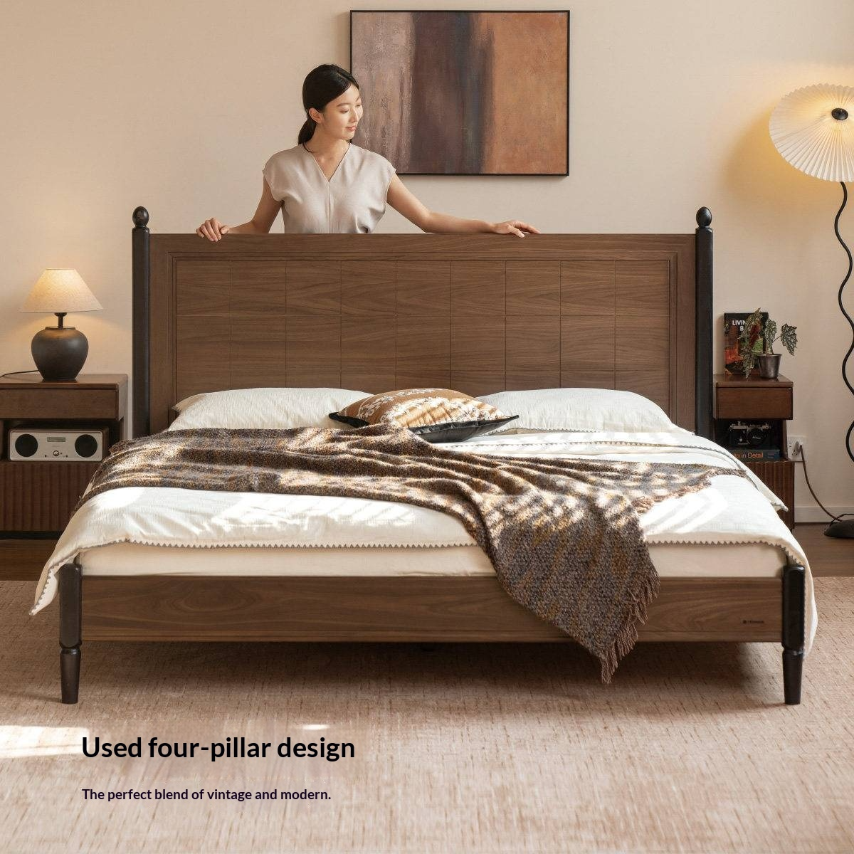 Black Walnut Solid Wood Four Poster Bed with Grid Panel Headboard