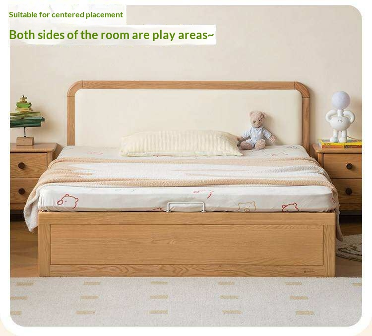 Oak, Rubberwood Solid Wood Upholstered Kids Storage Bed with Gas Lift and Rounded Headboard