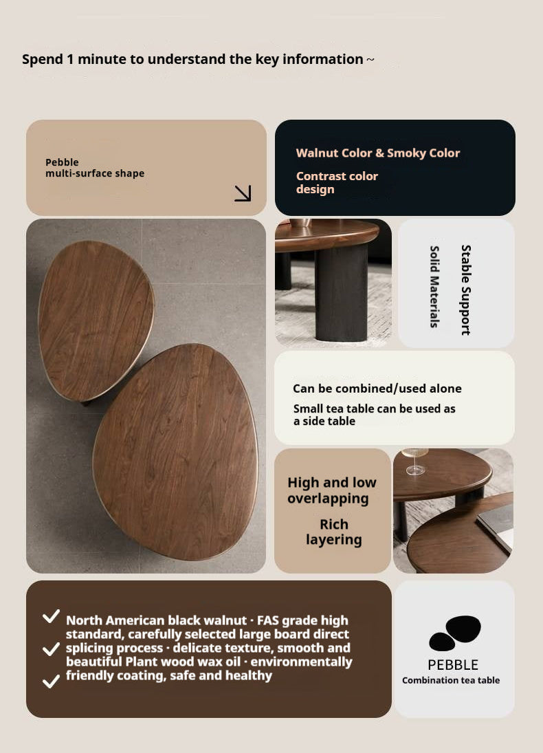 Black Walnut Solid Wood Organic Shape Coffee Table Set, Italian Style