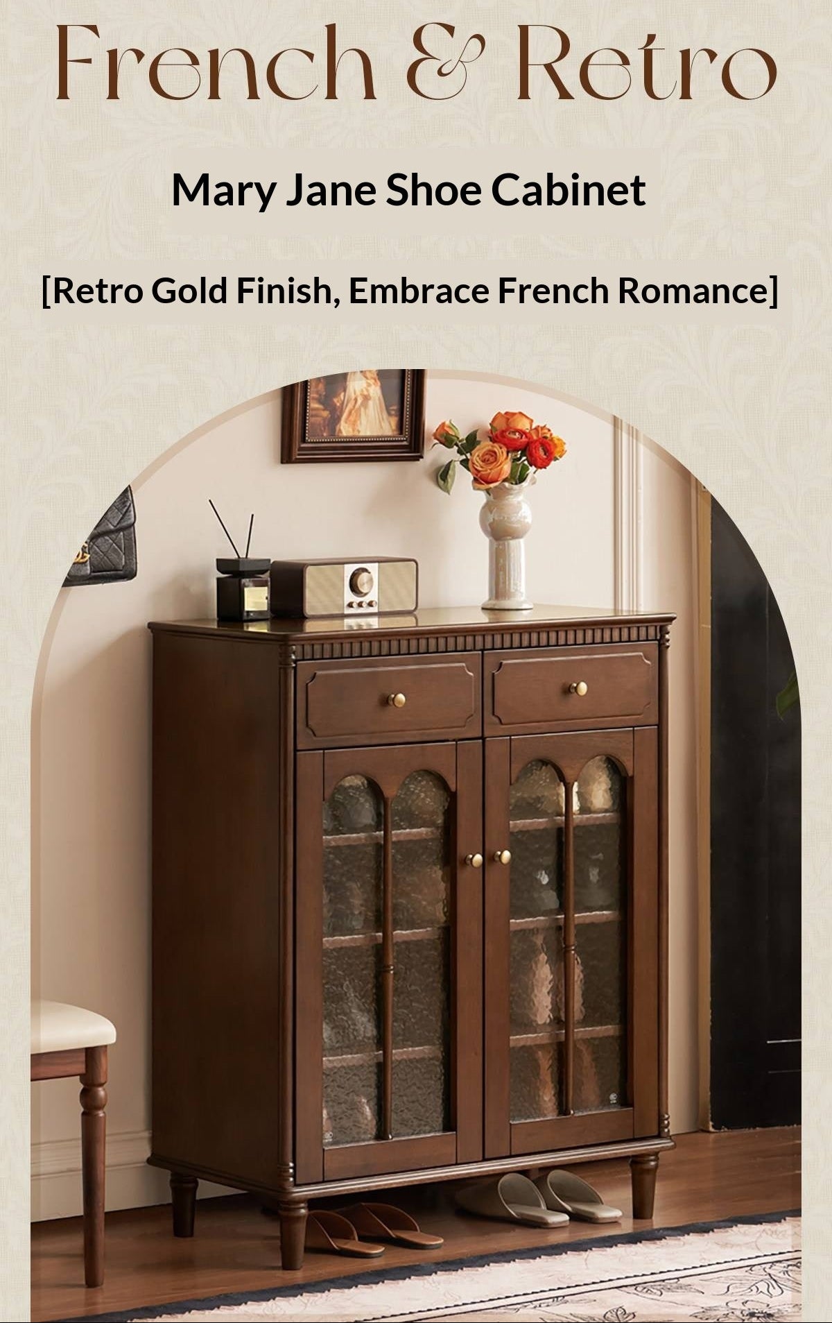 Solid Longan Hardwood French Vintage Shoe Cabinet with Arched Glass Doors and Adjustable Shelves
