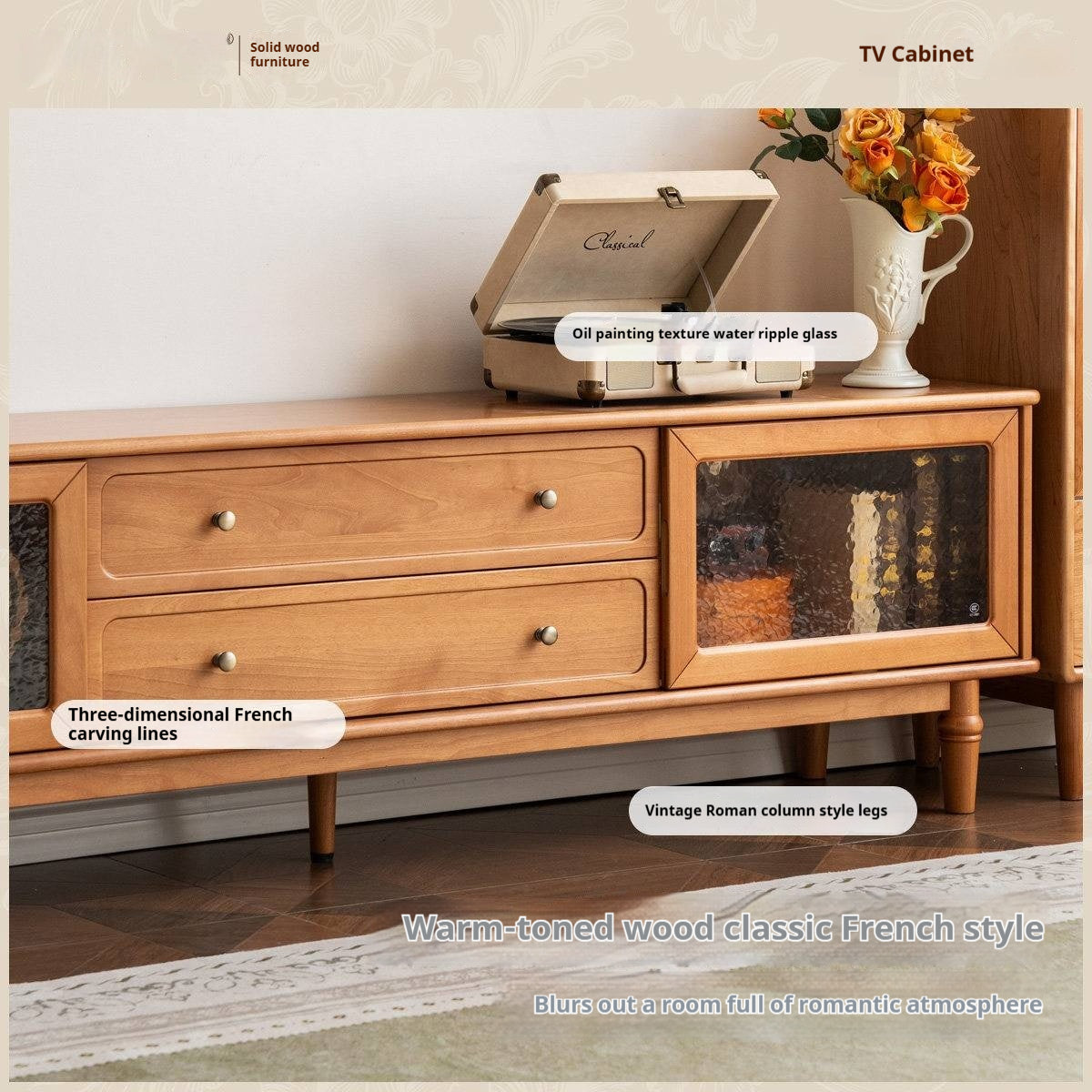 Birch Solid Wood French Country TV Console with Turned Legs