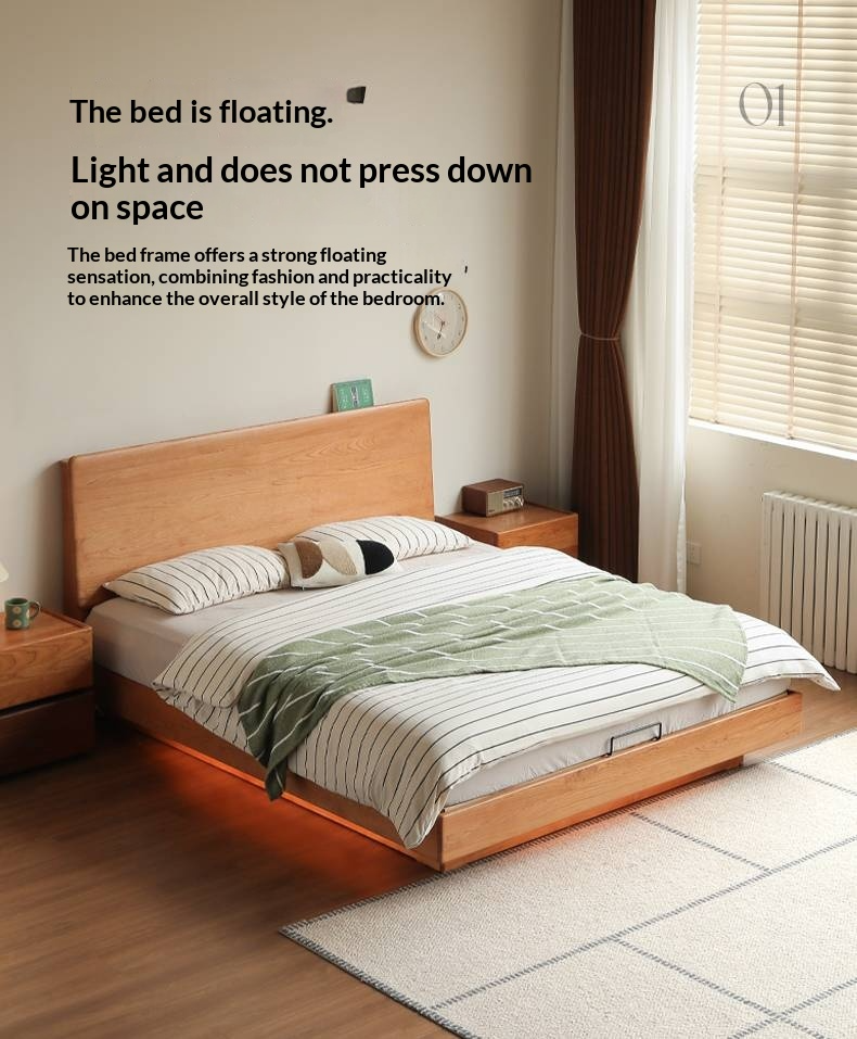 Cherry Solid Wood Modern Minimalist Storage Box Bed with Suspension Design