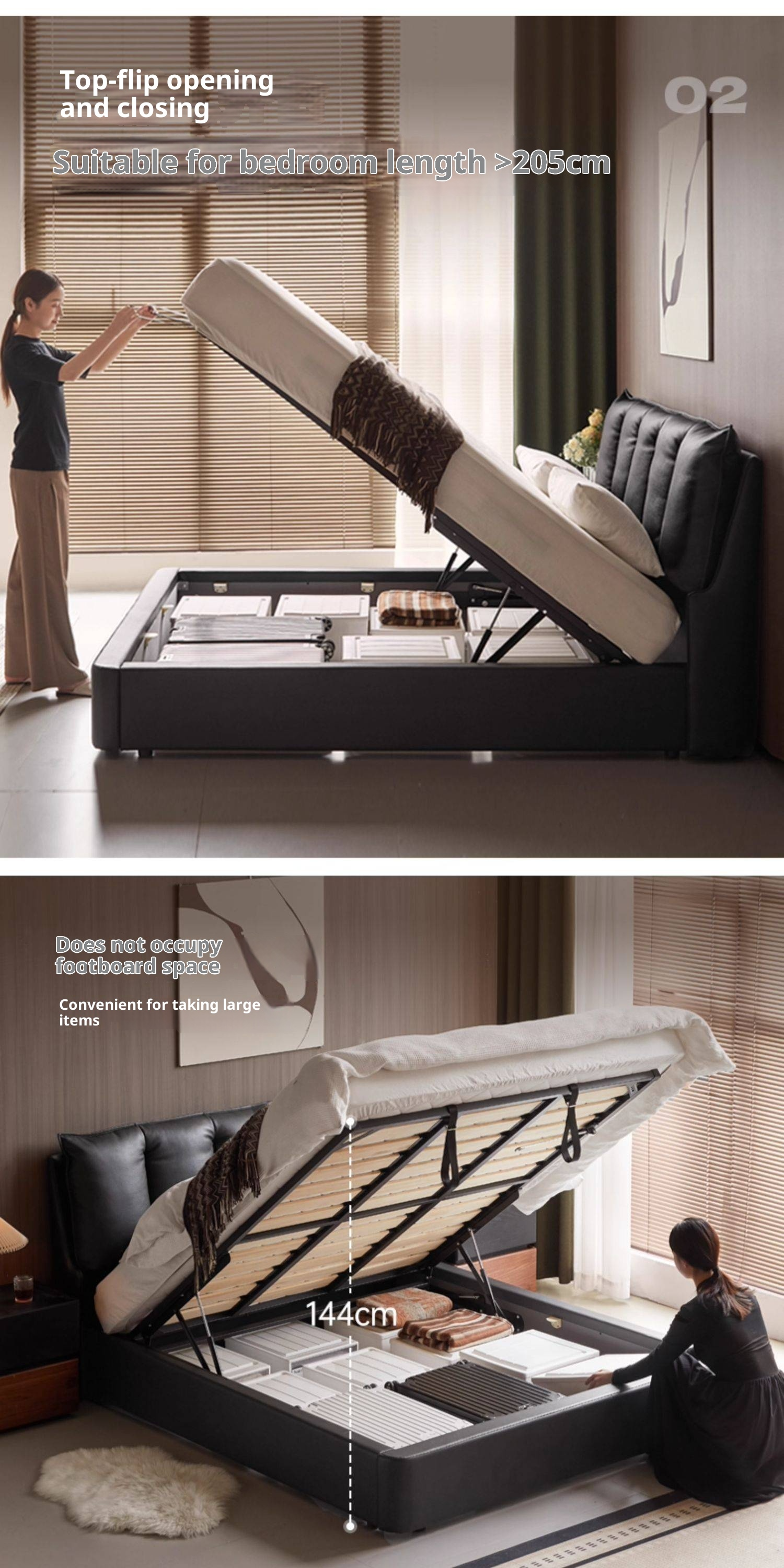 Genuine Leather Black Light Luxury Box Bed