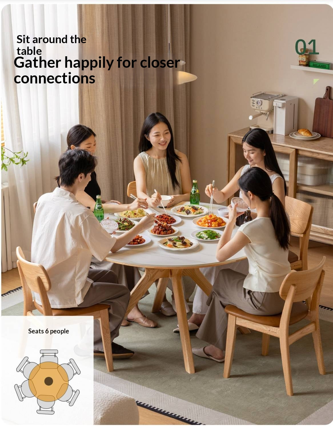 Oak Solid Wood Round Dining Table with Optional Sintered Stone Top and Chairs