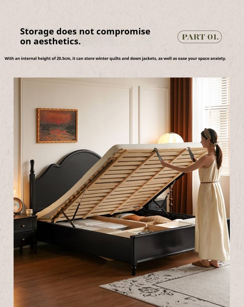 Rubberwood Solid Wood Bed American Retro Black Style