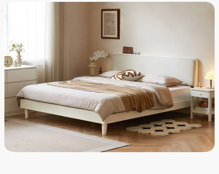Pine Solid Wood Upholstered Bed — Modern Minimalist White Design, Light Luxury with Organic Leather