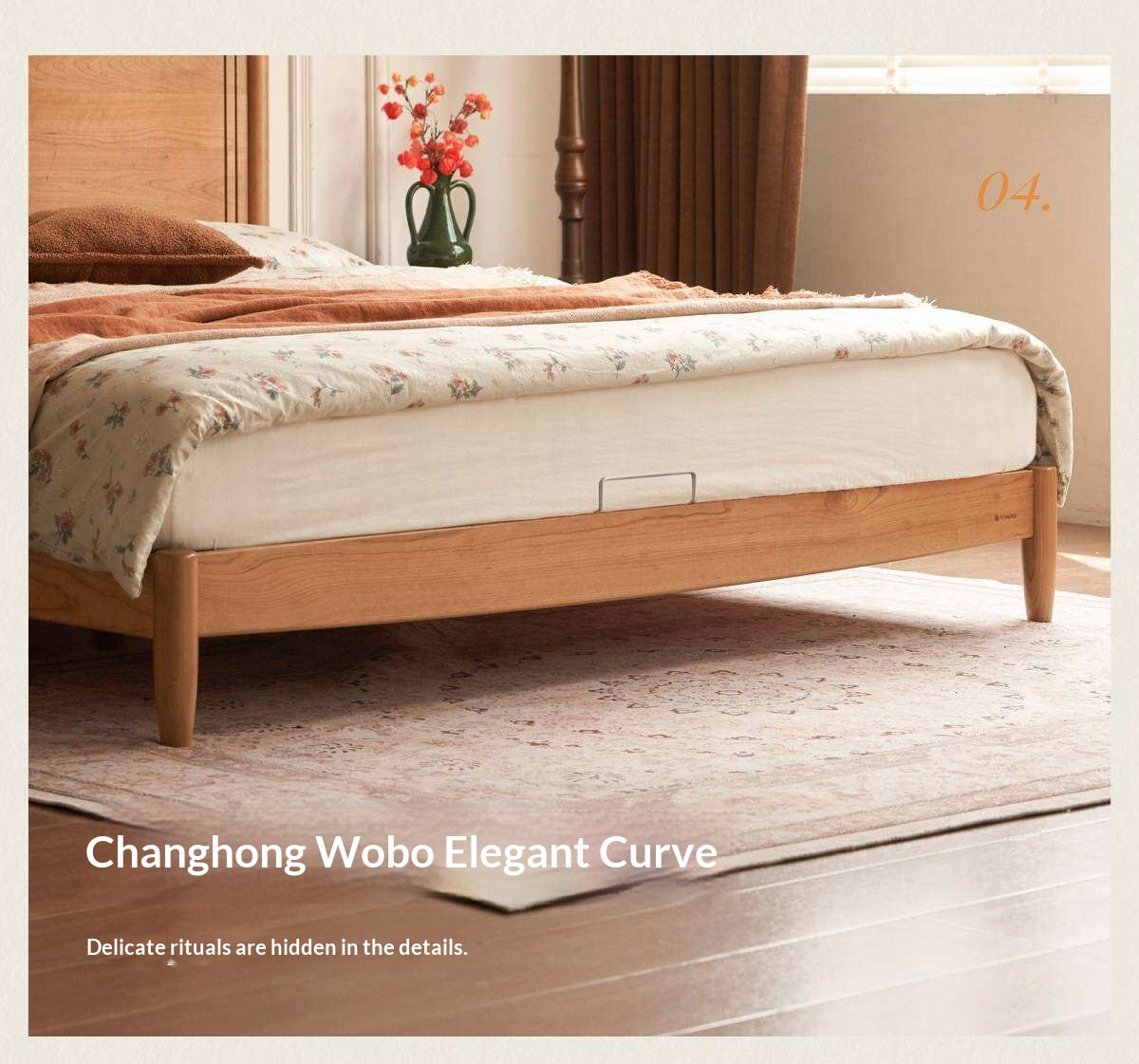 Cherry Solid Wood French Country Arched Platform Bed with Spindle Legs