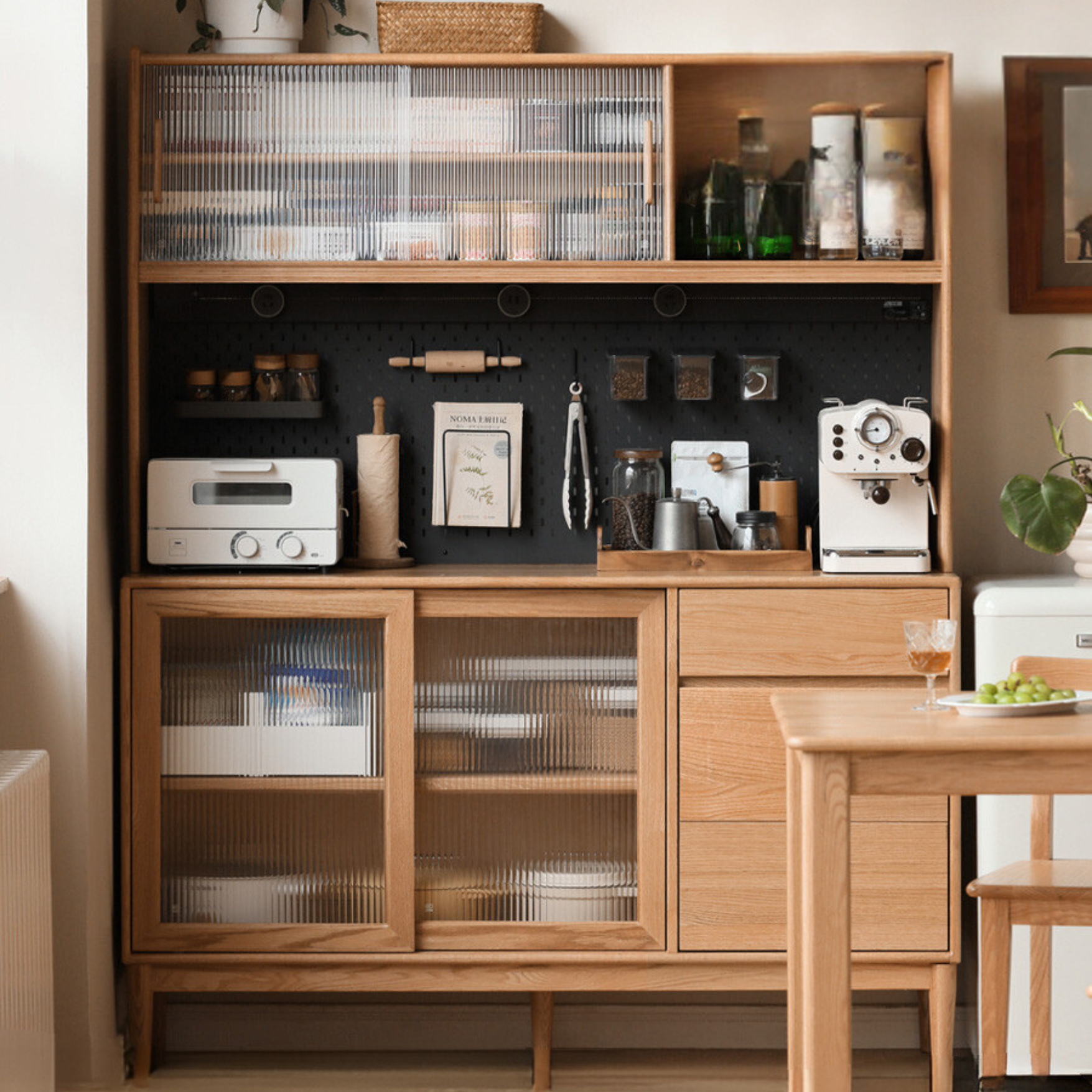 Oak solid wood modern dining sideboard against the wall,