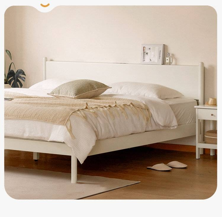 Pine Solid Wood Bed — Nordic Minimalist Cream Style Large Bed