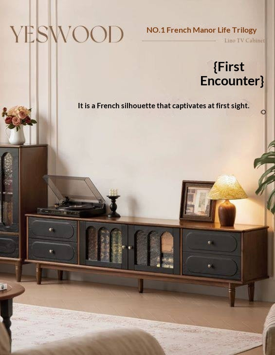Black Walnut +ash Solid Wood  French Country TV Console with Arched Glass Doors