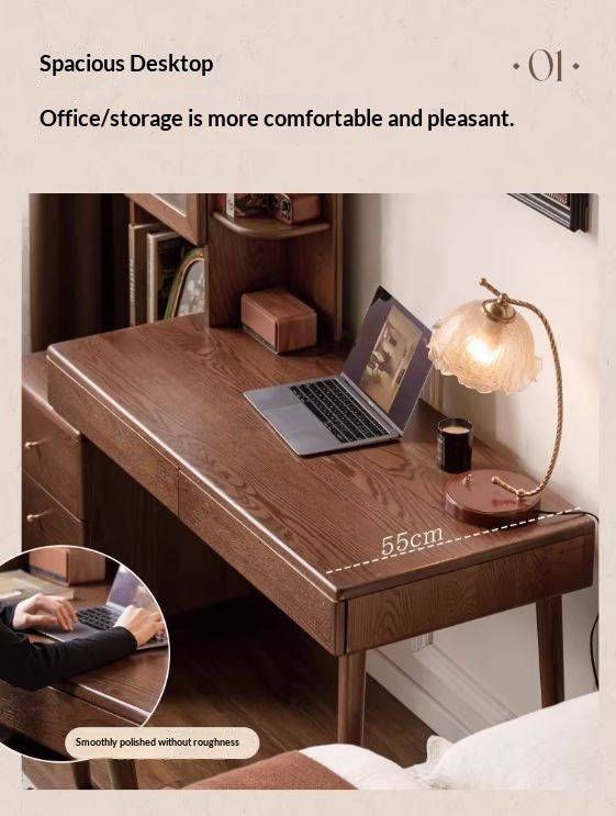 Oak Solid Wood Telescopic Desk with Integrated Bookshelf