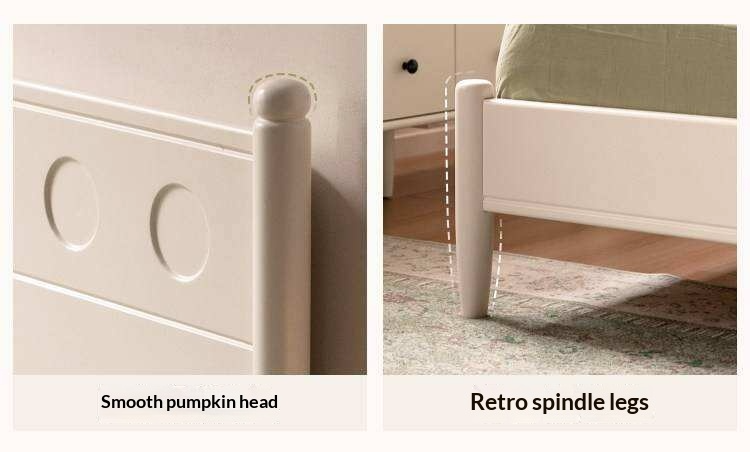 Rubberwood Solid Wood Platform Bed with Carved Dot Headboard and Spindle Legs
