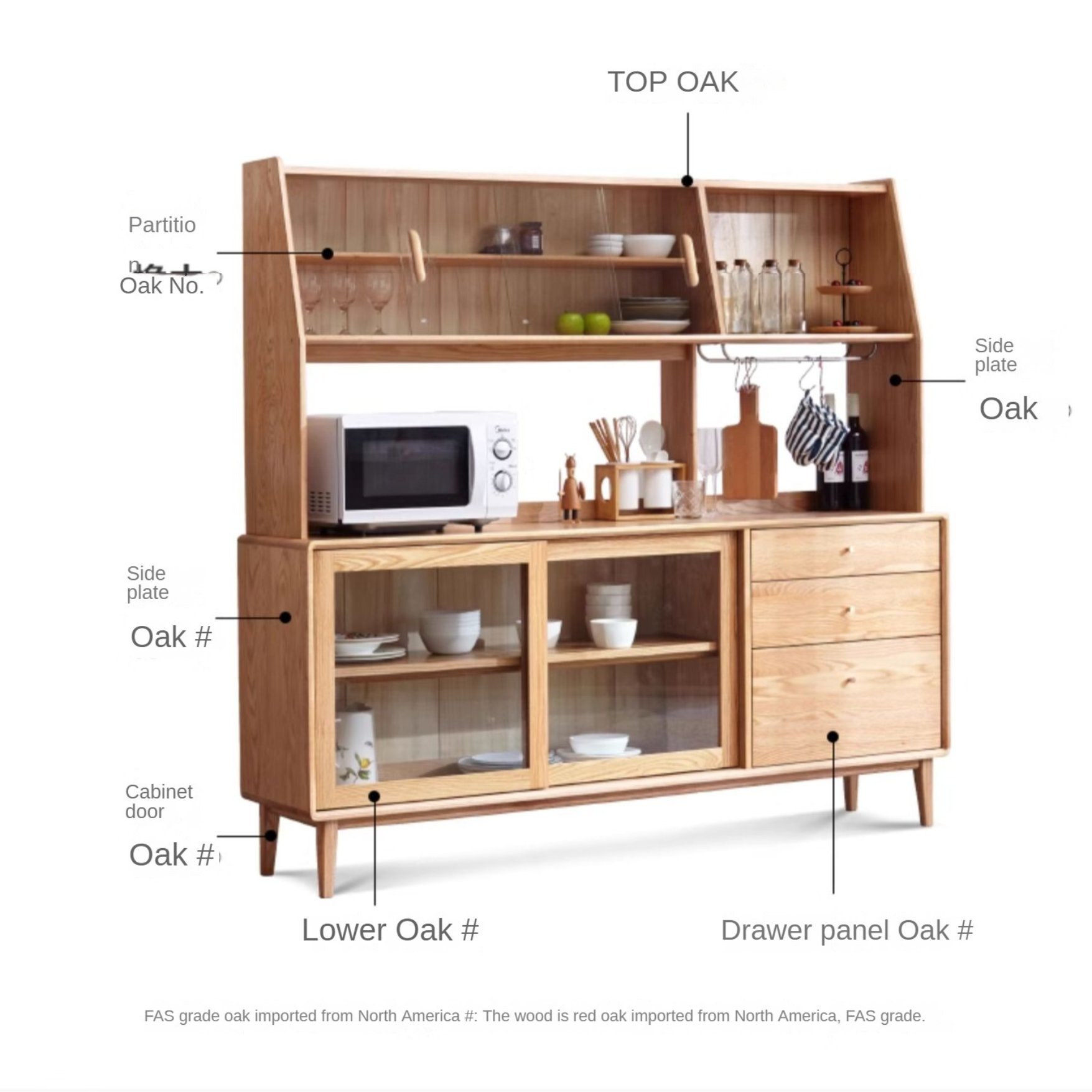 Oak solid wood Nordic sideboard integrated against the wall,