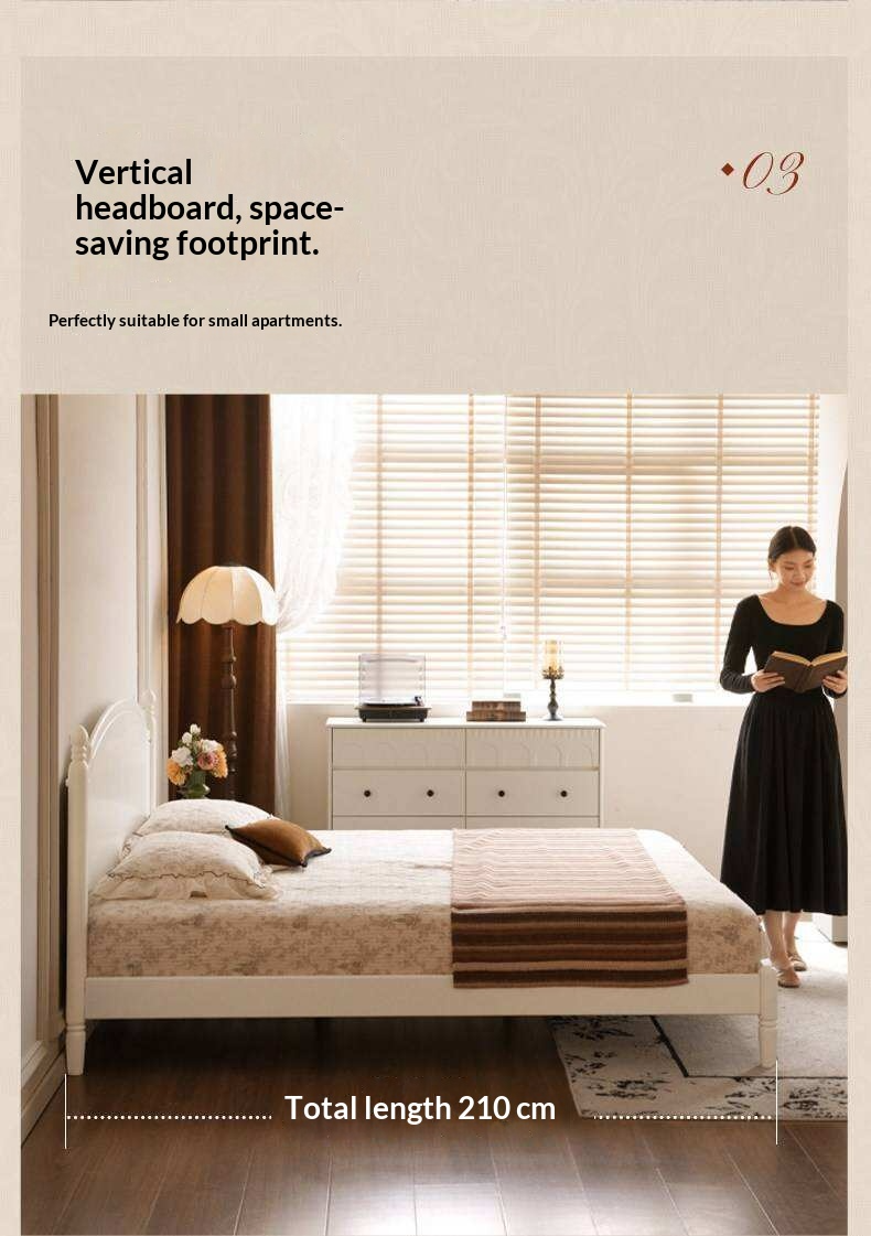 Rubberwood Solid Wood French Style Bed with White Curved Headboard and Elegant Retro Frame